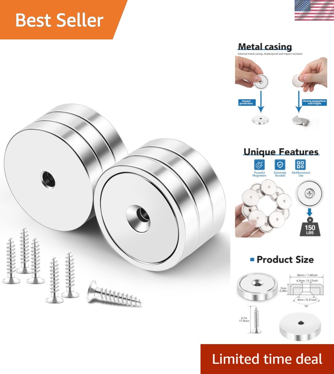 Strong Magnets, 150lb+ Waterproof Strong Neodymium Cup Magnets with Screws fo...