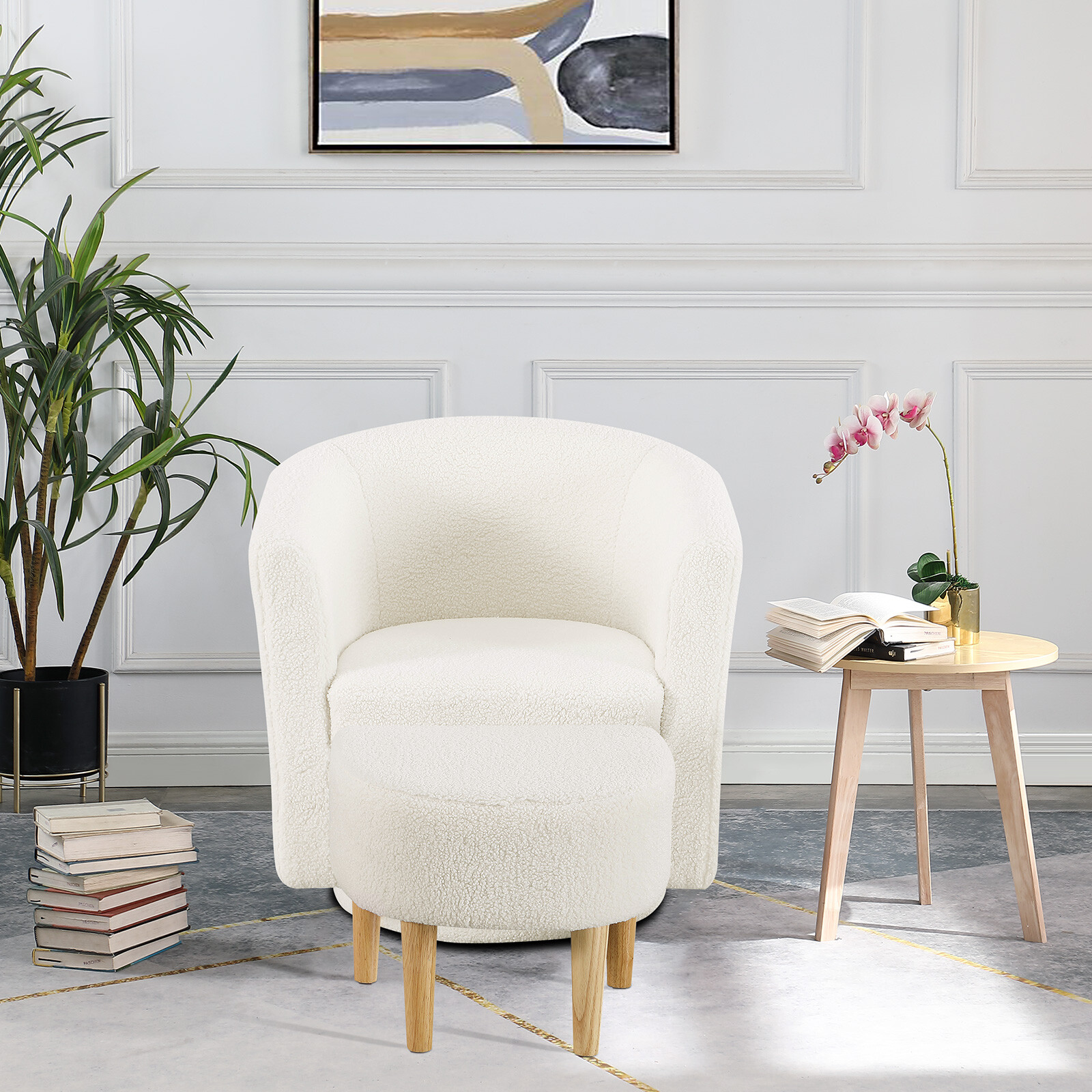 Modern Swivel Accent Chair w/ Ottoman Upholstered Club Tub Barrel Armchair Sofa
