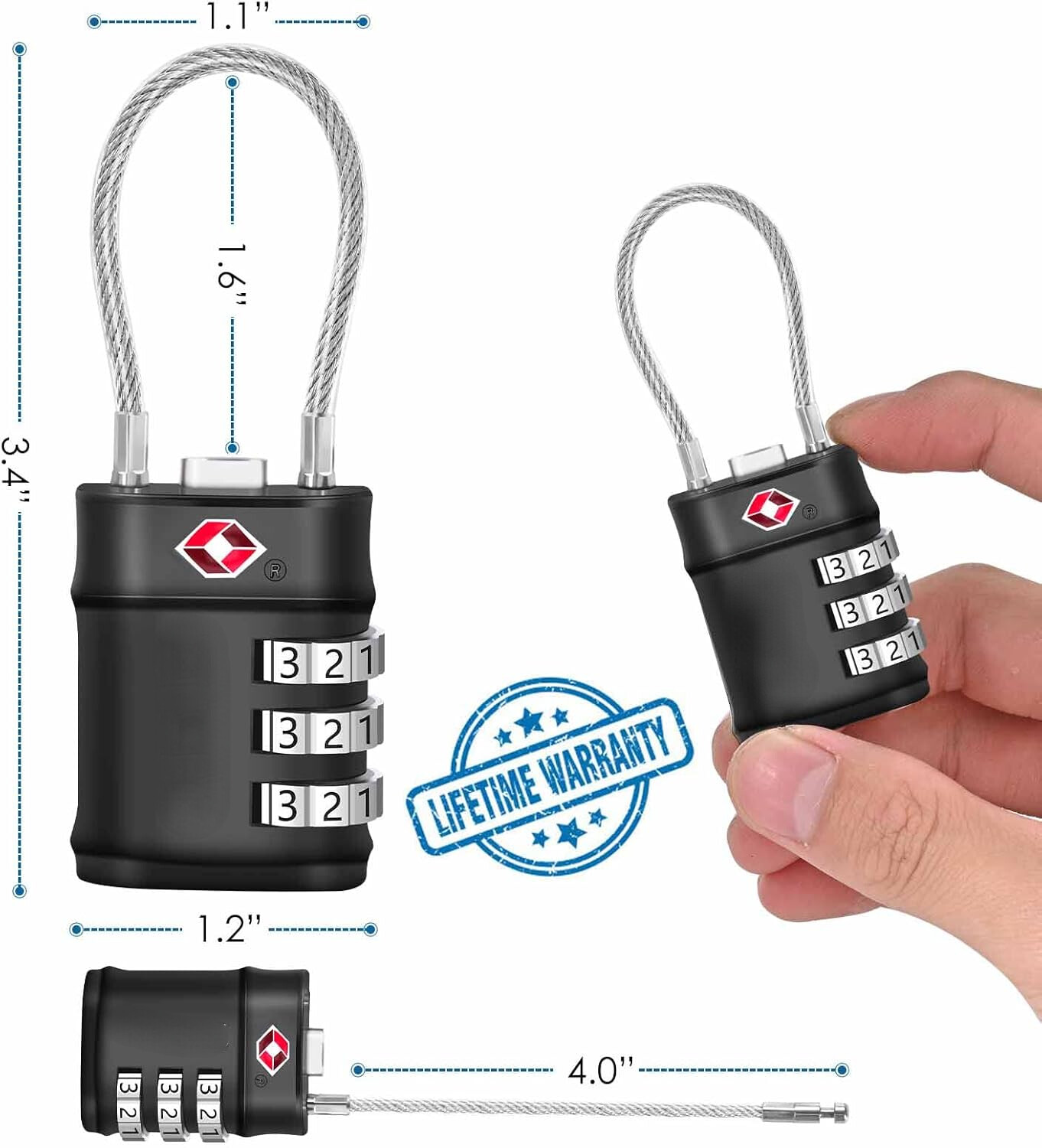 2 Pack TSA Approved Luggage Locks, Combination Travel Cable Lock