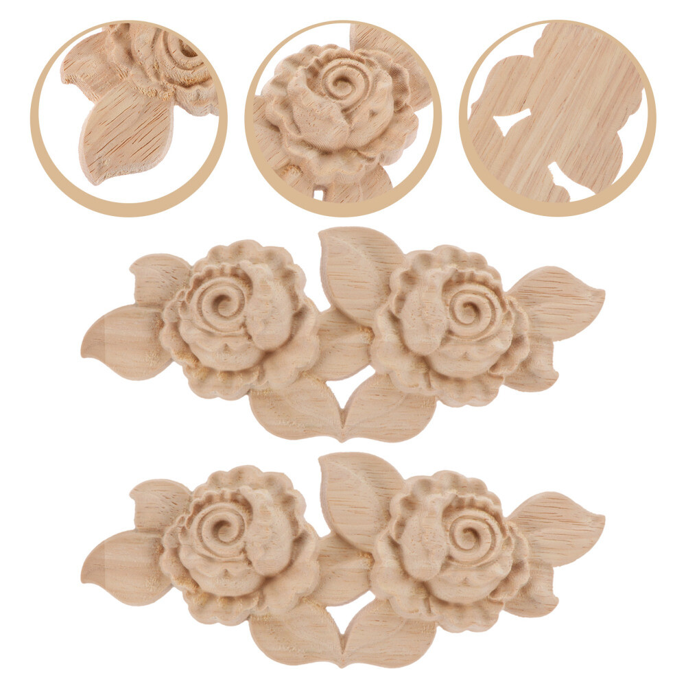 2PCS Wood Carved Rose Flower Appliques Stickers for Furniture Decoration