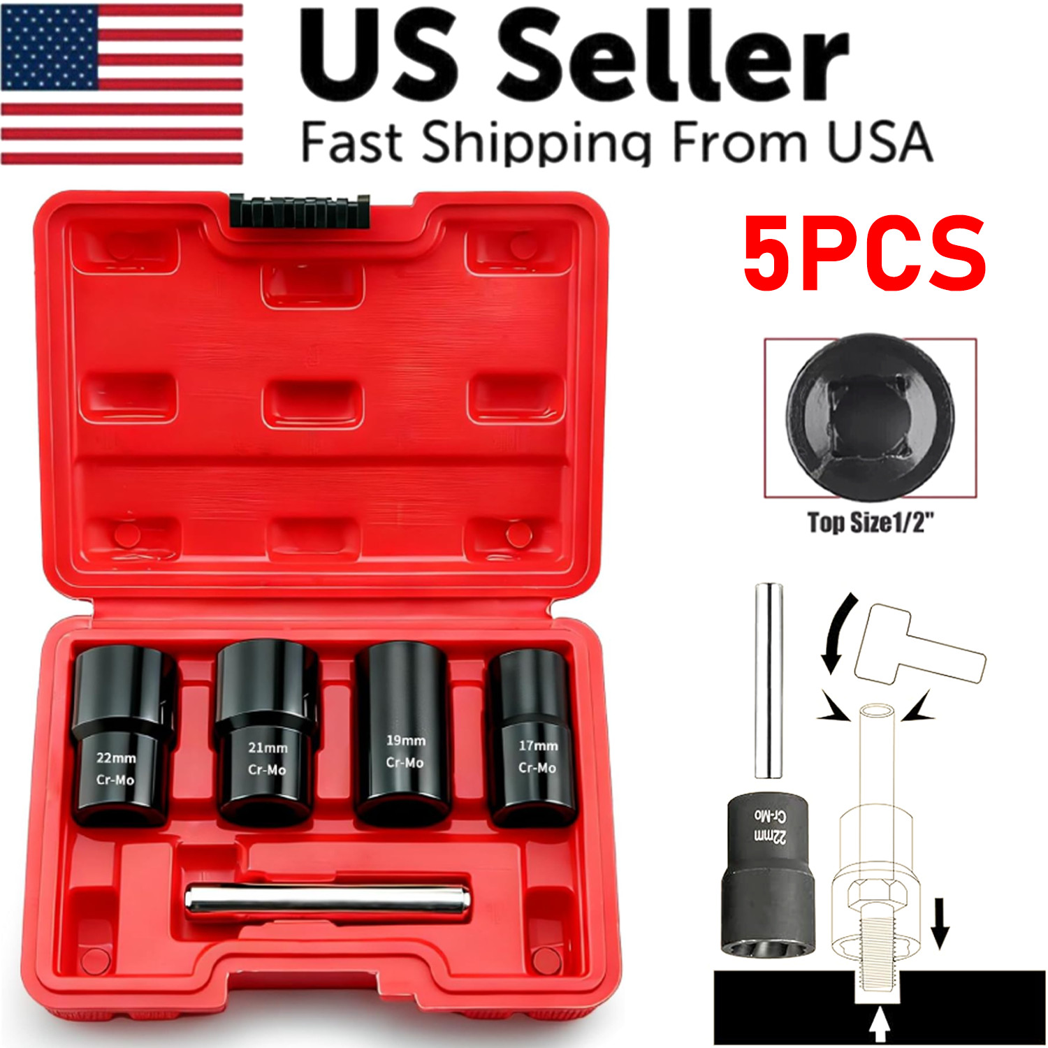5Pcs Twist Socket 1/2” Drive For Wheel Lug Nut Damaged Removal and Extractor