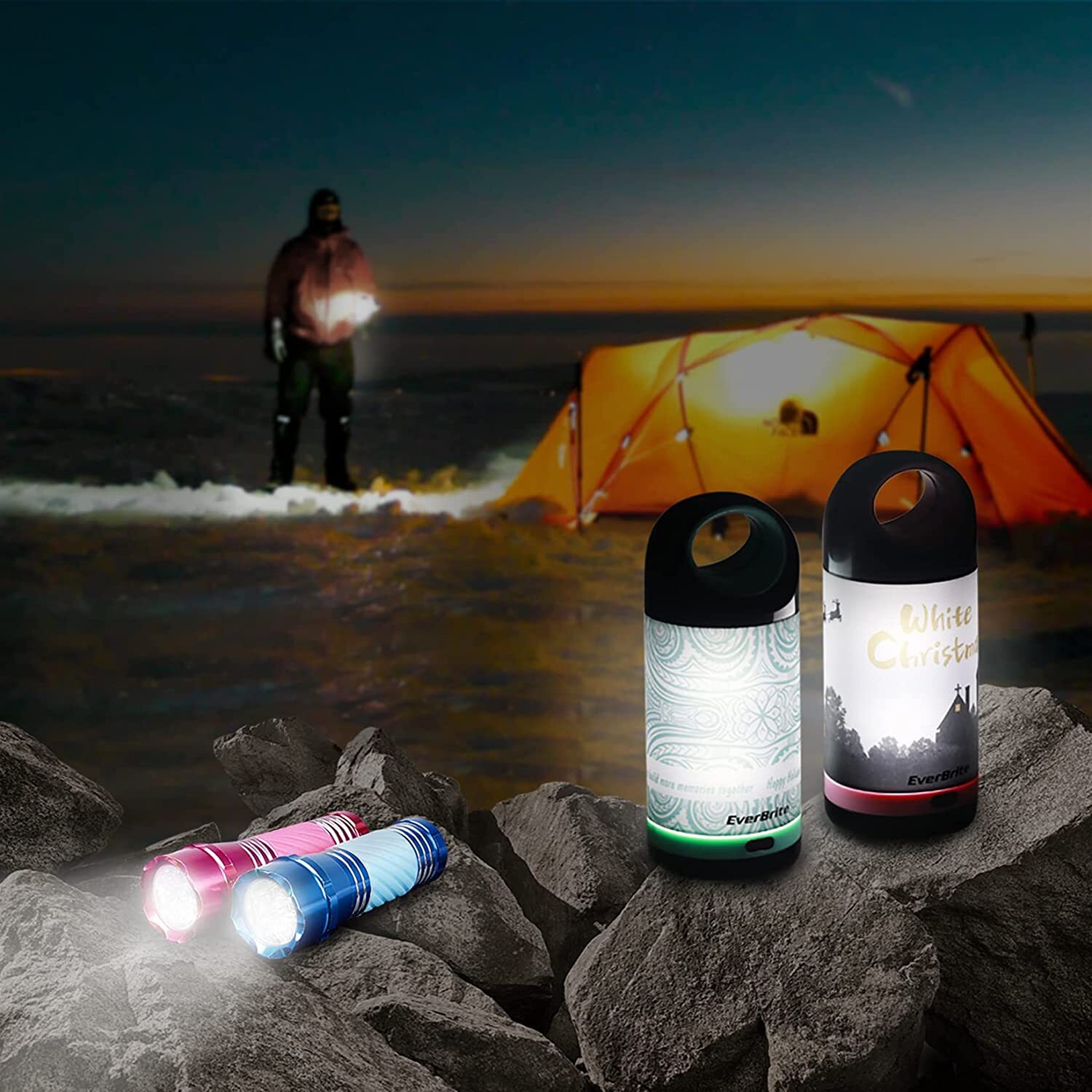 EverBrite 2 Mini Camp Lanterns&2 Mini Flashlights w7 Pcs Stickers portable