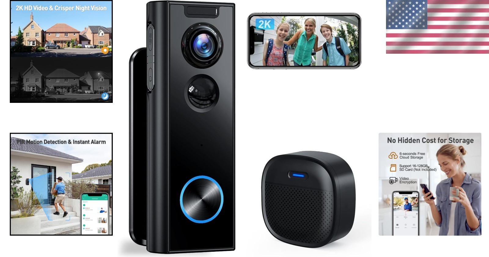 Smart Wireless Doorbell Camera - No Subscription, 2-K Video & Night Vision