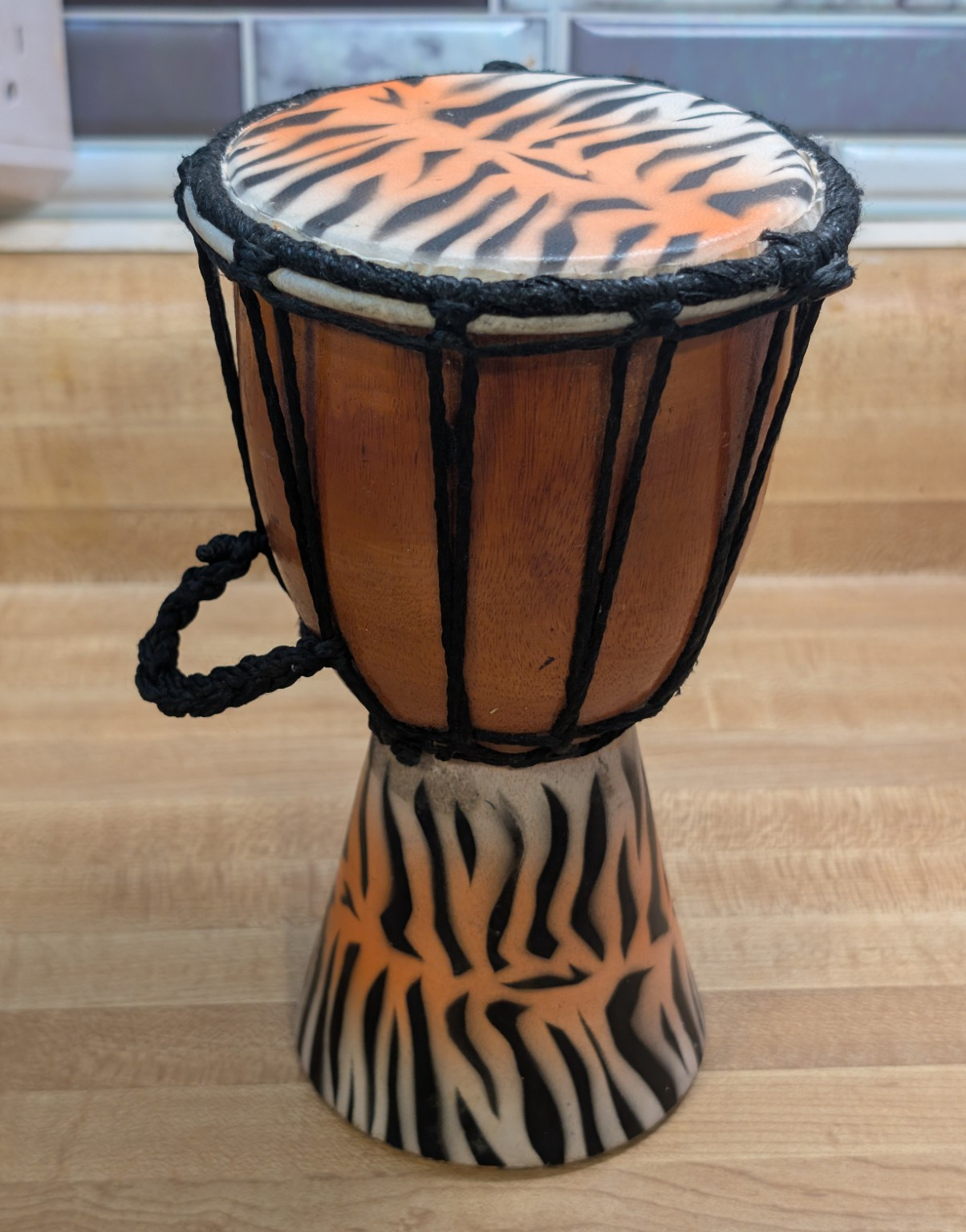 Wood Rope-Tuned Djembe Goblet Hand Drum Tiger/Zebra Stripe, Indonesia 7.5"