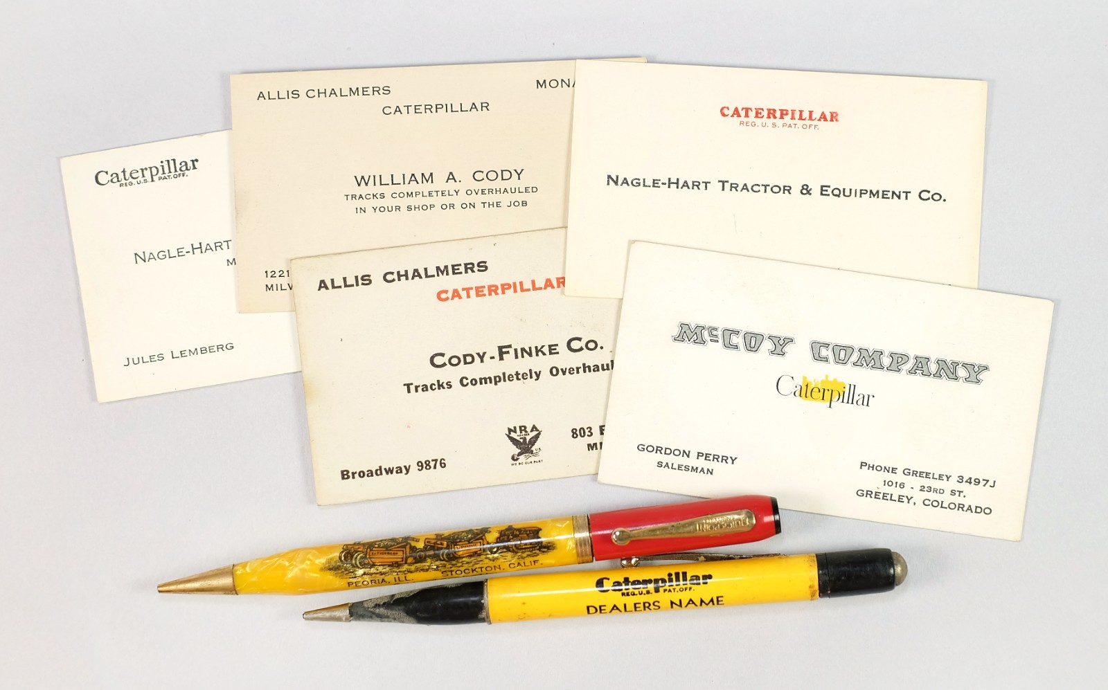 7 Vintage 1940s Caterpillar Construction Advertising Pencils & Business Cards