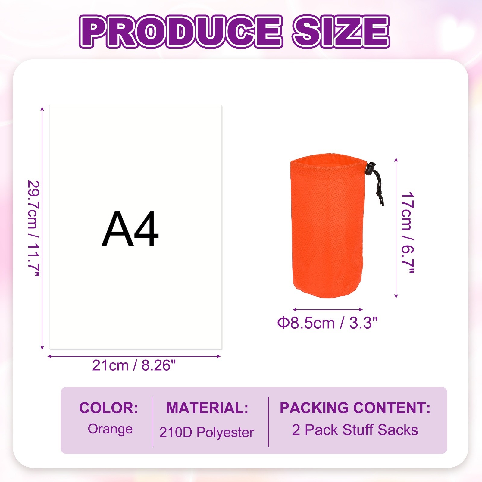 Stuff Sack, Waterproof Ditty Bags with Toggle 3x7In & 2 Pack & Orange