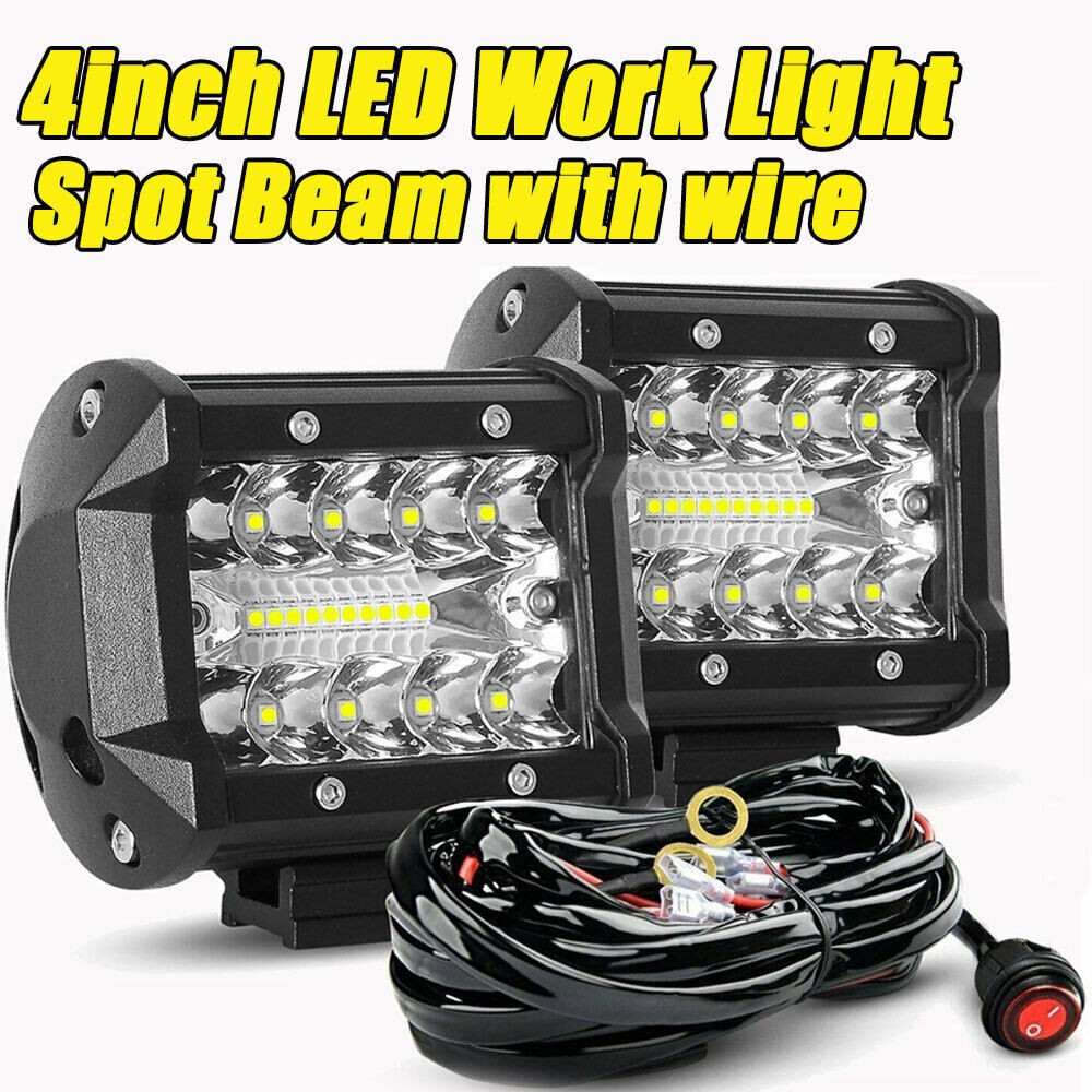 Pair 4 Inch LED Work Light Bar Spot Flood Pods Fit For Jeep ATV SUV w/Wiring Kit