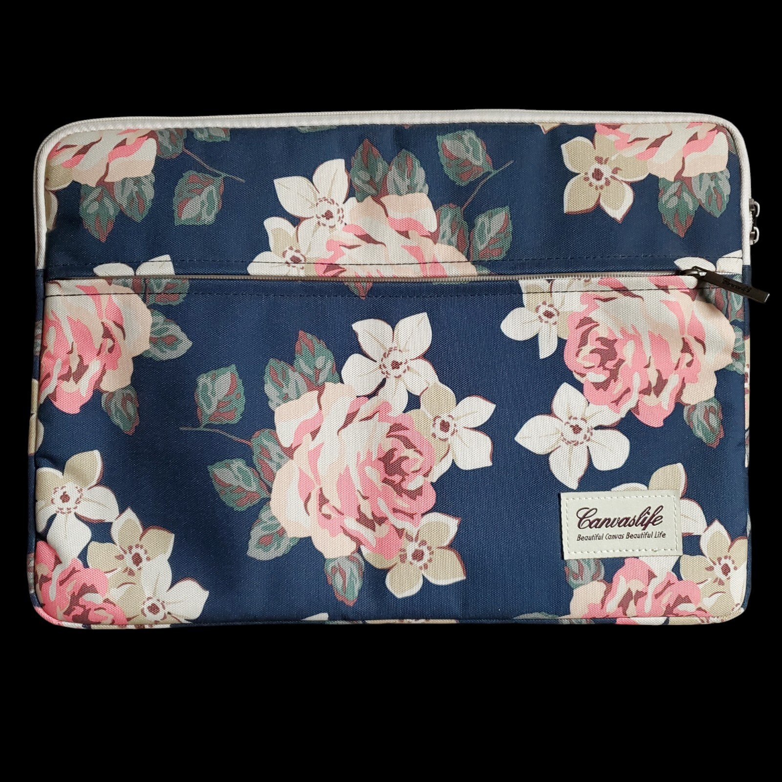 Canvaslife White Rose Pattern Laptop Sleeve 15" X 11" Zippered Supply Pouch