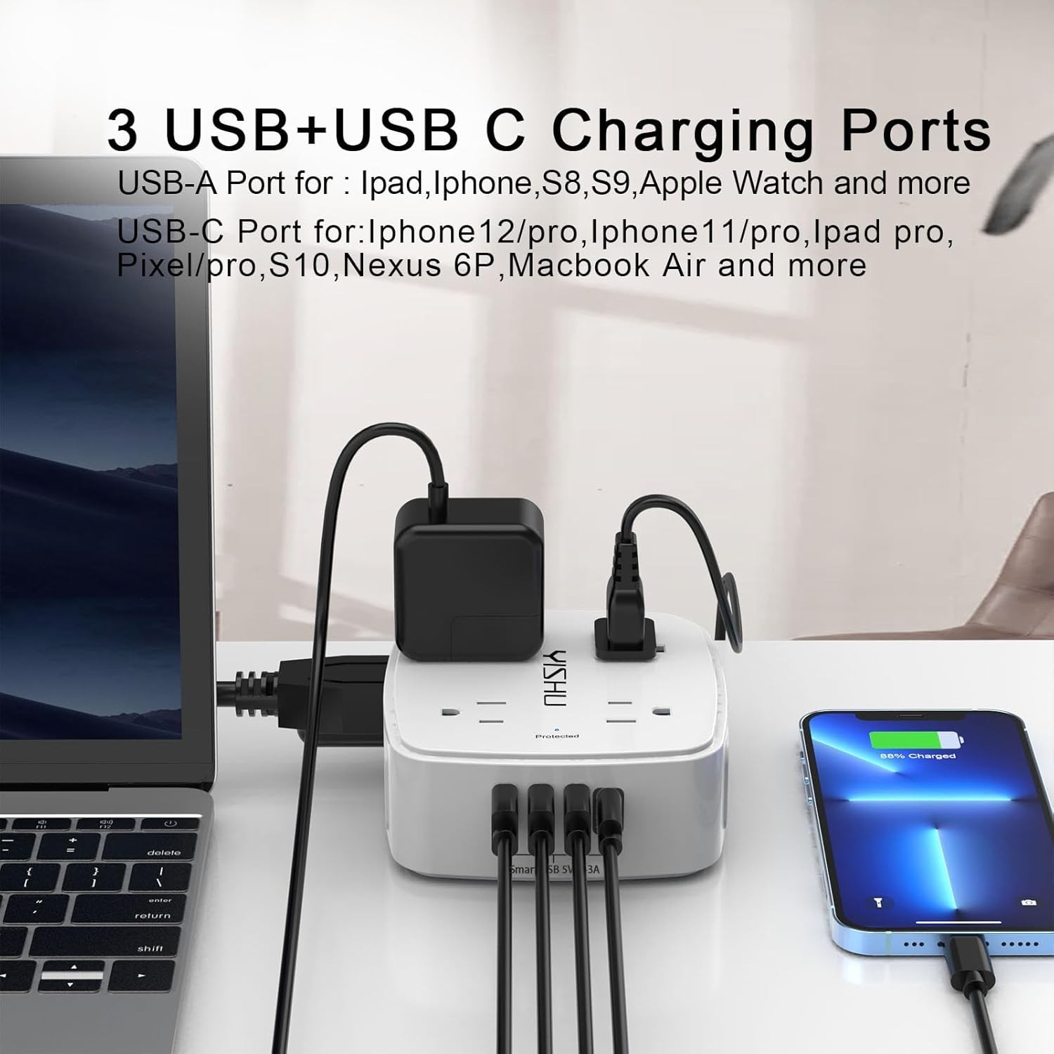 🔌 6FT Surge Protector Power Strip ⚡ 8 Outlets 4 USB Flat Plug Extension White
