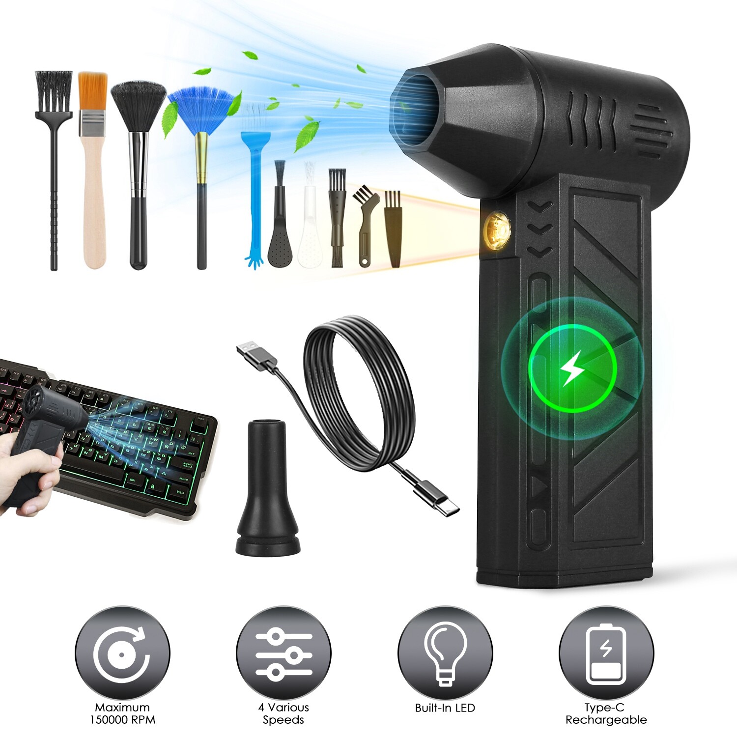 Powerful 150000RPM Compressed Air Duster Cordless Mini Electric Air Duster Kits