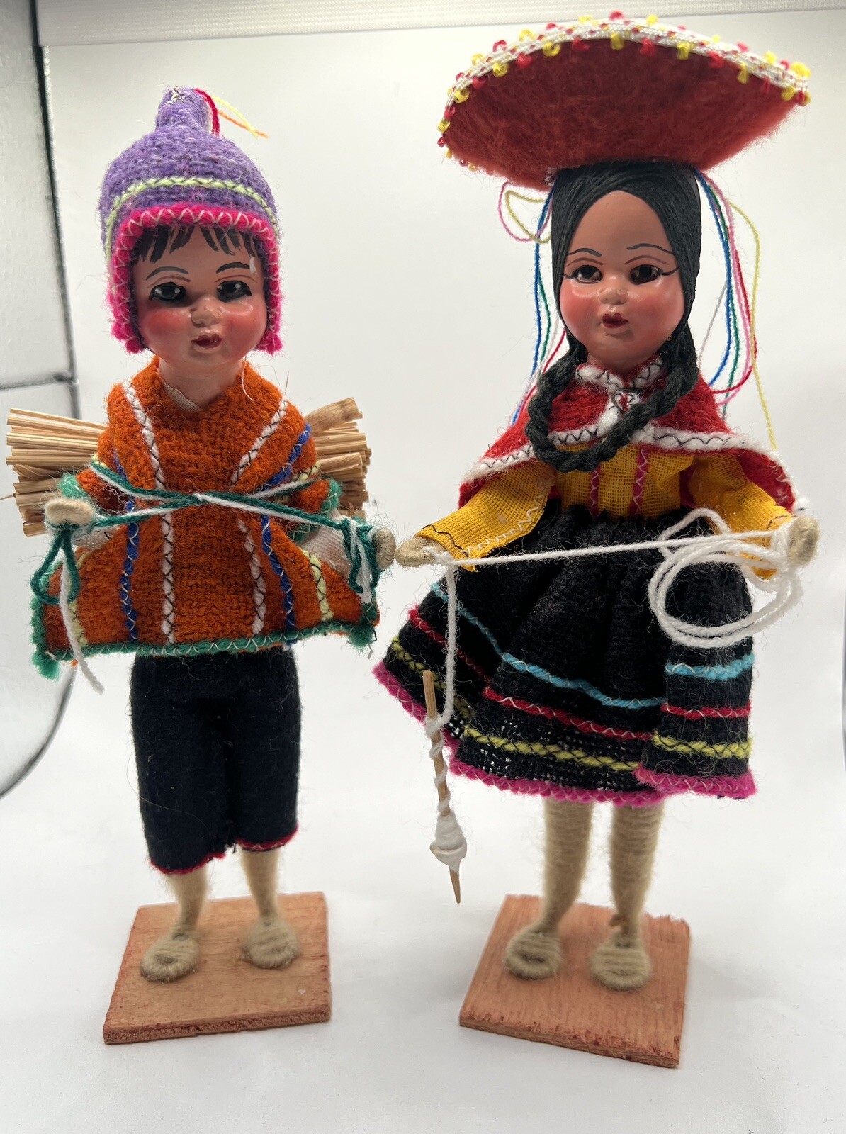 2 Handmade Peruvian Dolls Woven Cloth Hand Painted Folk Art Boy Girl