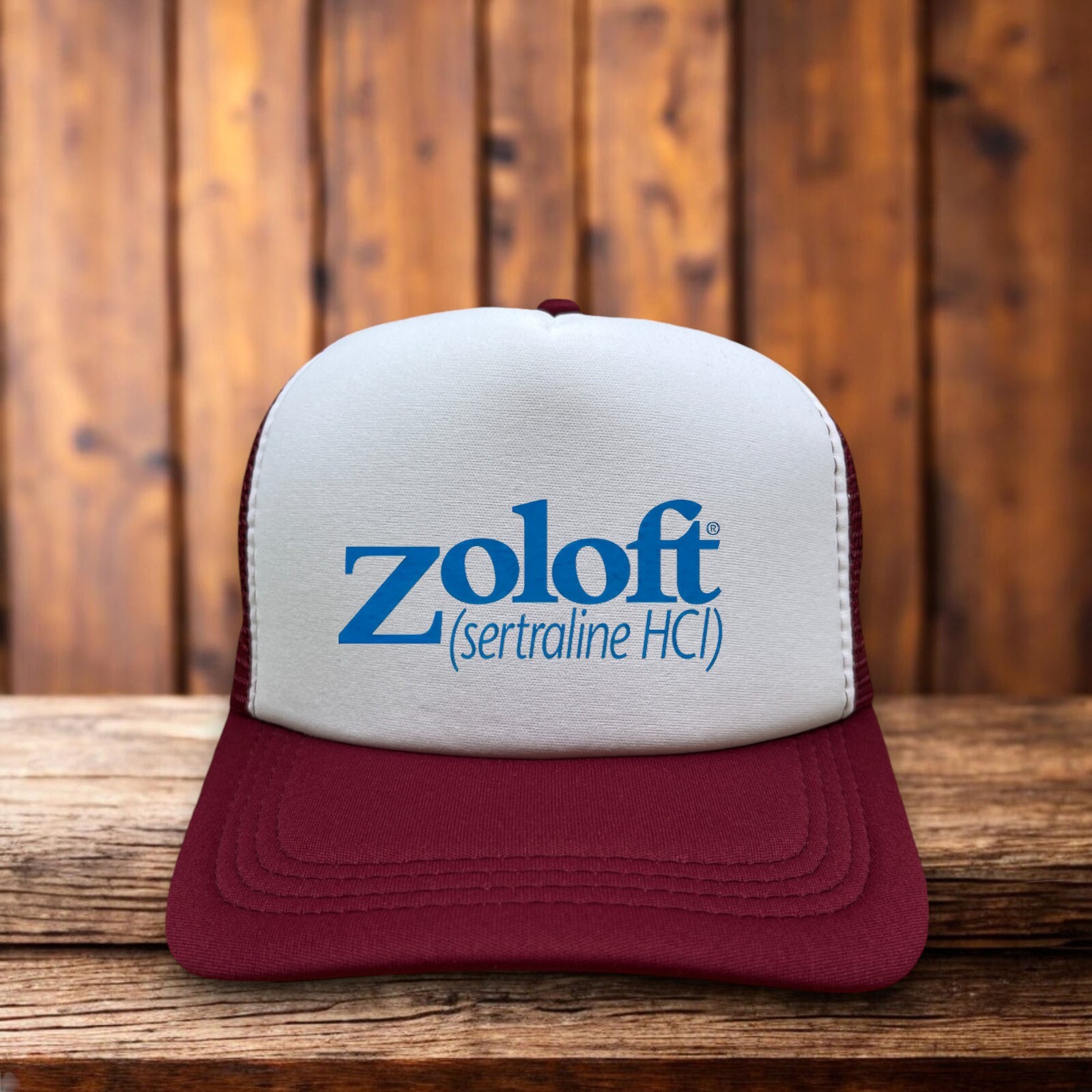 Zoloft Mens Trucker Hat Maroon Anti-Anxiety Mental Health Cap Retro Logo Cap