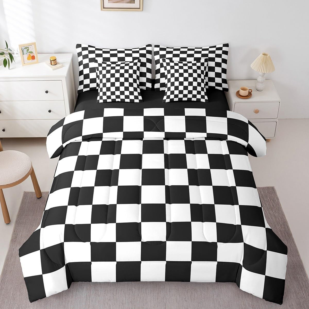 Retro Checkered 7 Piece Bedding Set Full Size Black White Plaid Comforter Set