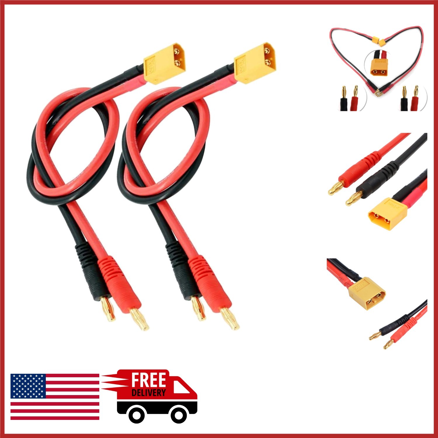 RC Battery Adapter Cables 30cm XT60 to 4mm Banana Plugs 14AWG Heat Resistant