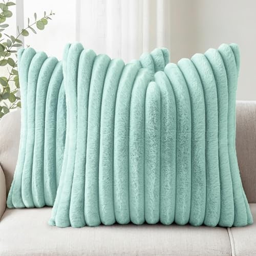 Faux Fur Couch Throw Pillow Covers 18x18 Set 18" x 18" (Pack of 2) Light Teal