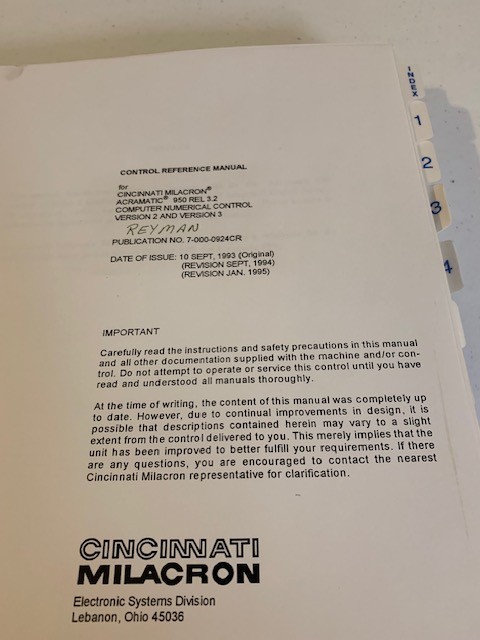 Cincinnati Milacron Control Refernece Manual for Acramatic 950 Rel. 3.2