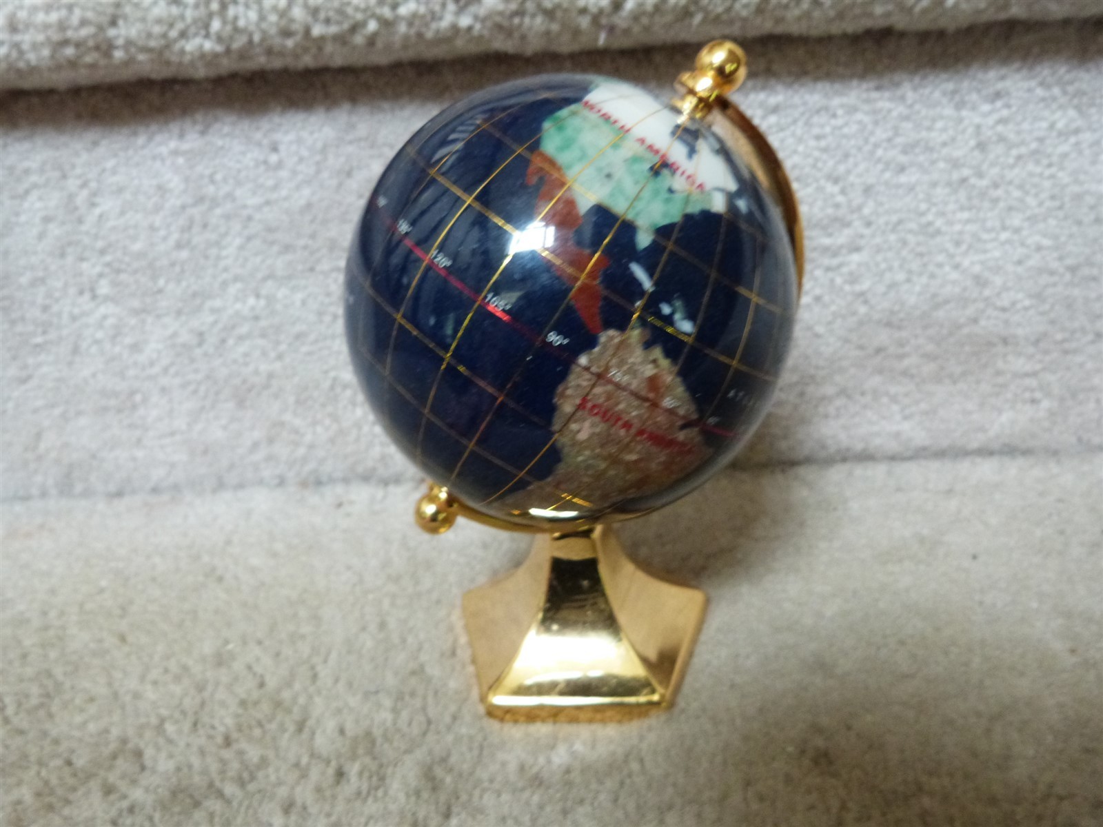 Inlaid Semi-Precious Gemstones Small Disk Globe 3.5"Diameter 5.5" Tall