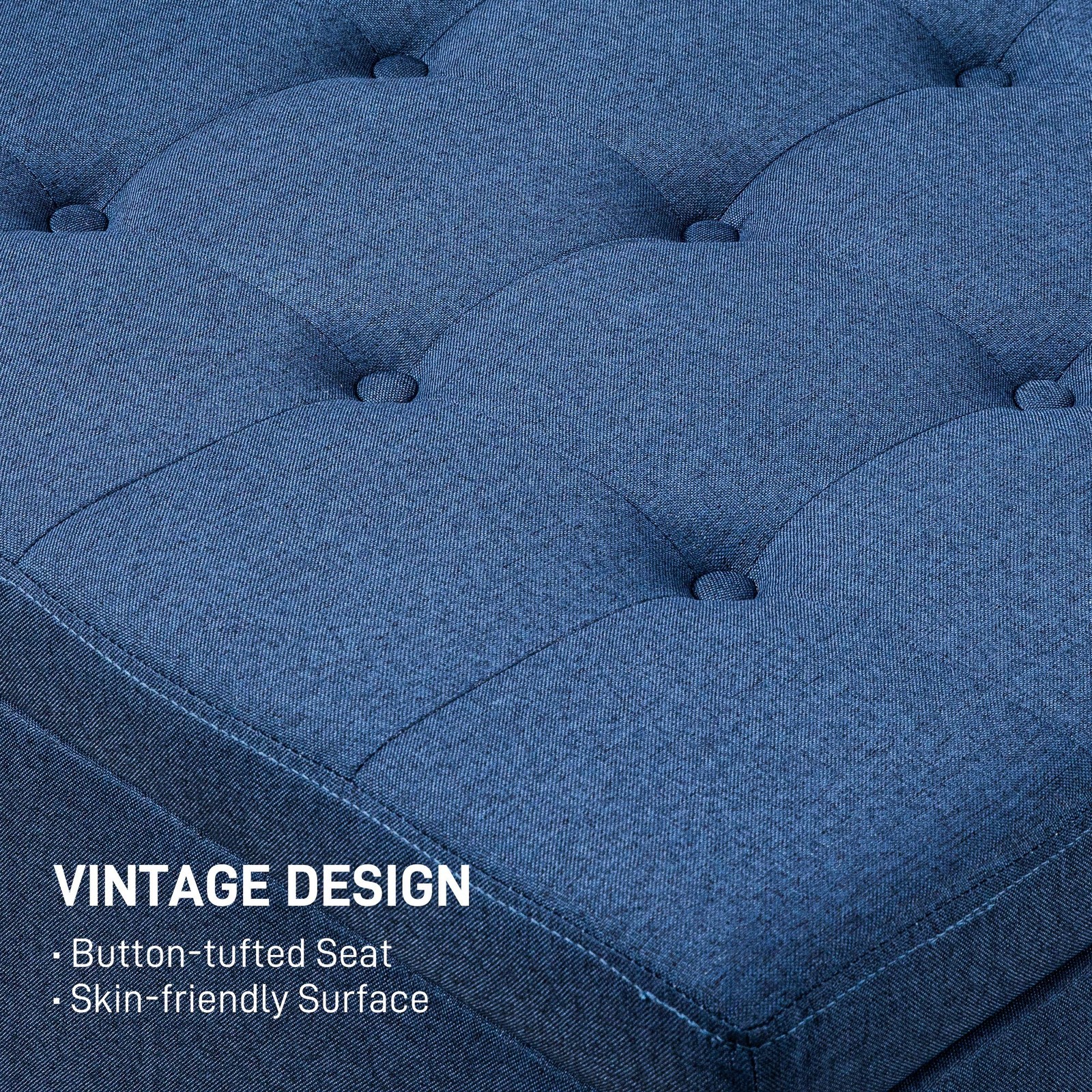 Fabric Tufted Storage Ottoman with Flip Top Lid, Eucalyptus Wood Frame Blue
