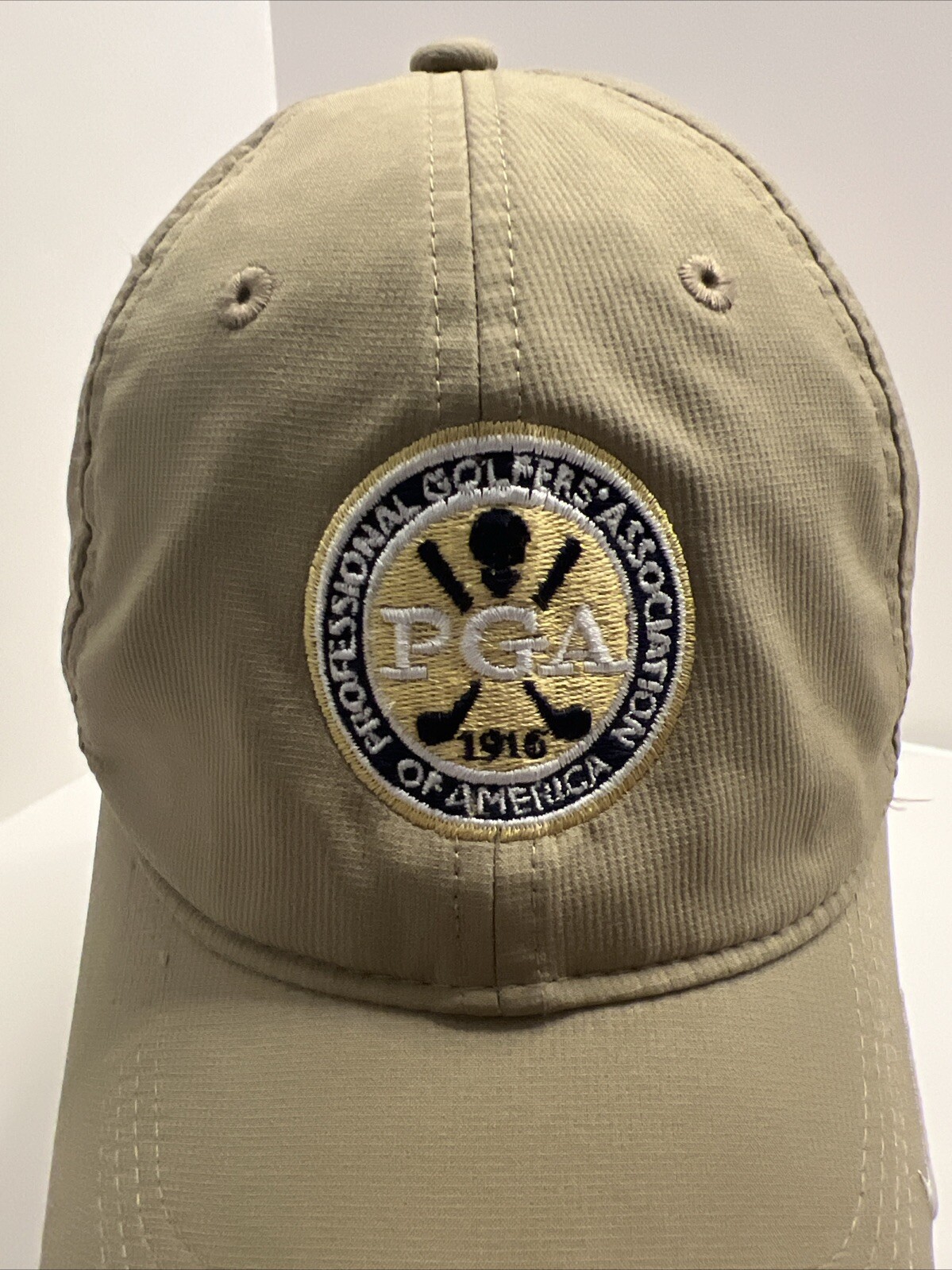 Nike PGA Tan HatCap Professional Gold Association Navy Gold Patch Hook Loop 1916
