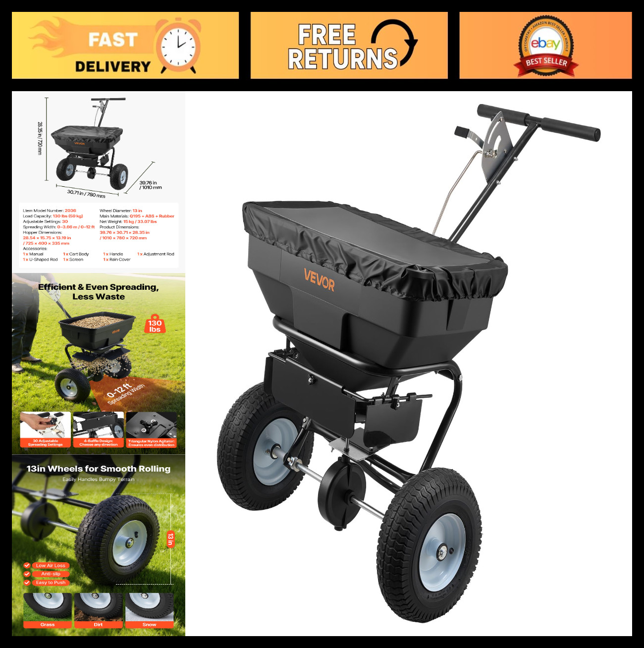 Push Broadcast Spreader 12ft Width, 130lbs Capacity, All-Terrain Tires, Adjustab