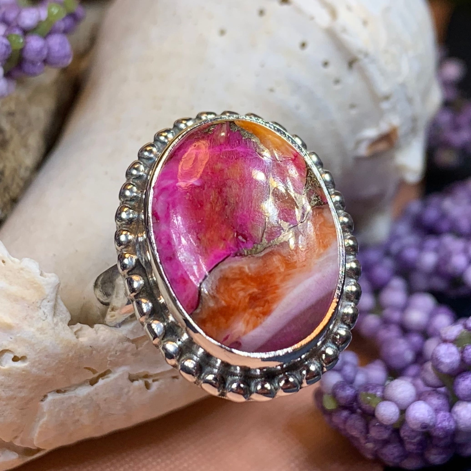 Ladies Statement Ring Boho Spiny Oyster Turquoise Large Wiccan Pagan Ring 925