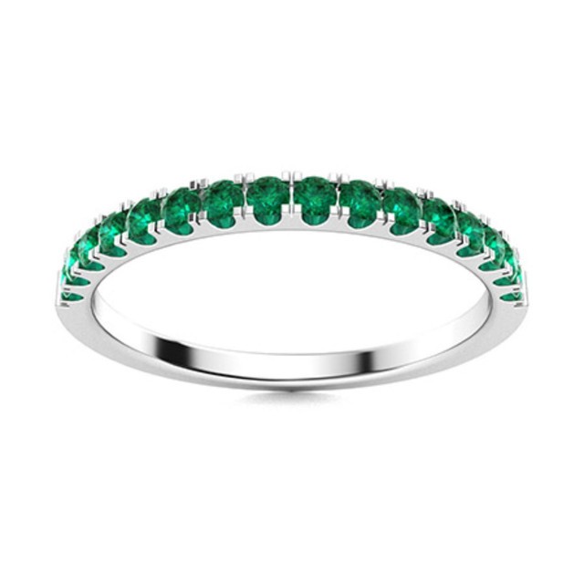 925 Sterling Silver 2MM Round Natural Emerald Gemstone Half Eternity Women Ring