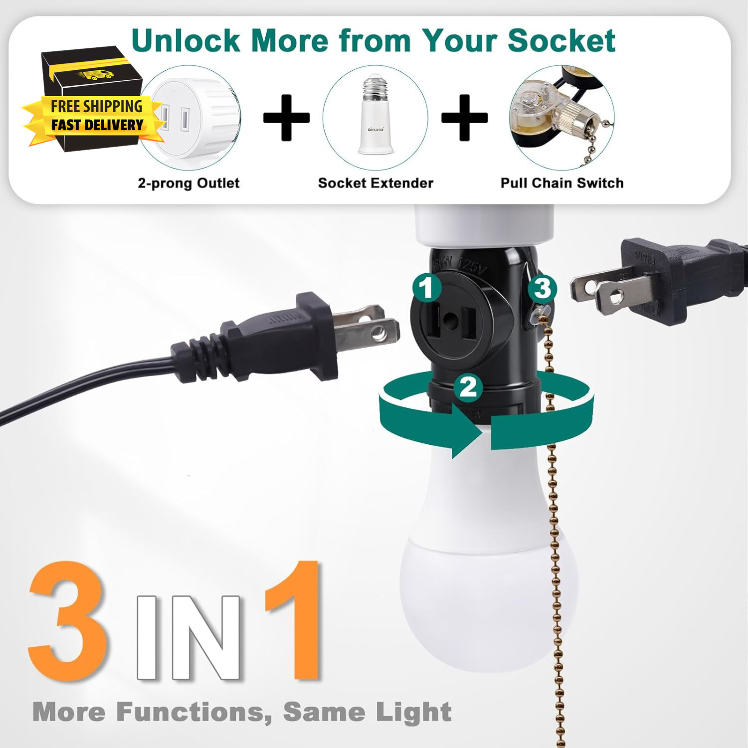 UL Listed E26 to 2 Polarized Outlet Socket Adapter, Pull Chain Switch Control Li