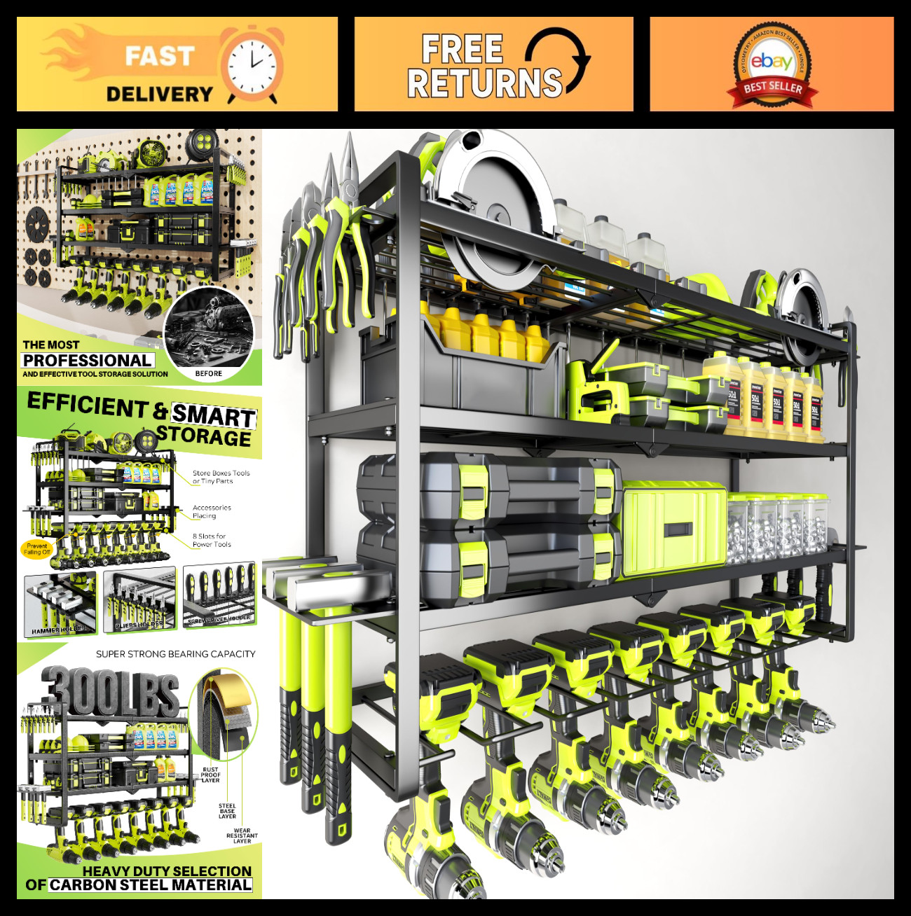 Heavy Duty Wall Mount Tool Organizer - 8 Drill Holder, Garage Storage Rack, Cord
