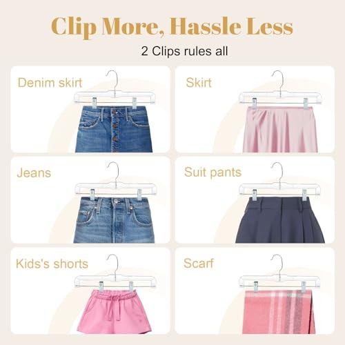 12 Pack 14 inch Clear Plastic Skirt Hangers with Adjustable Clips, Pants 12PC