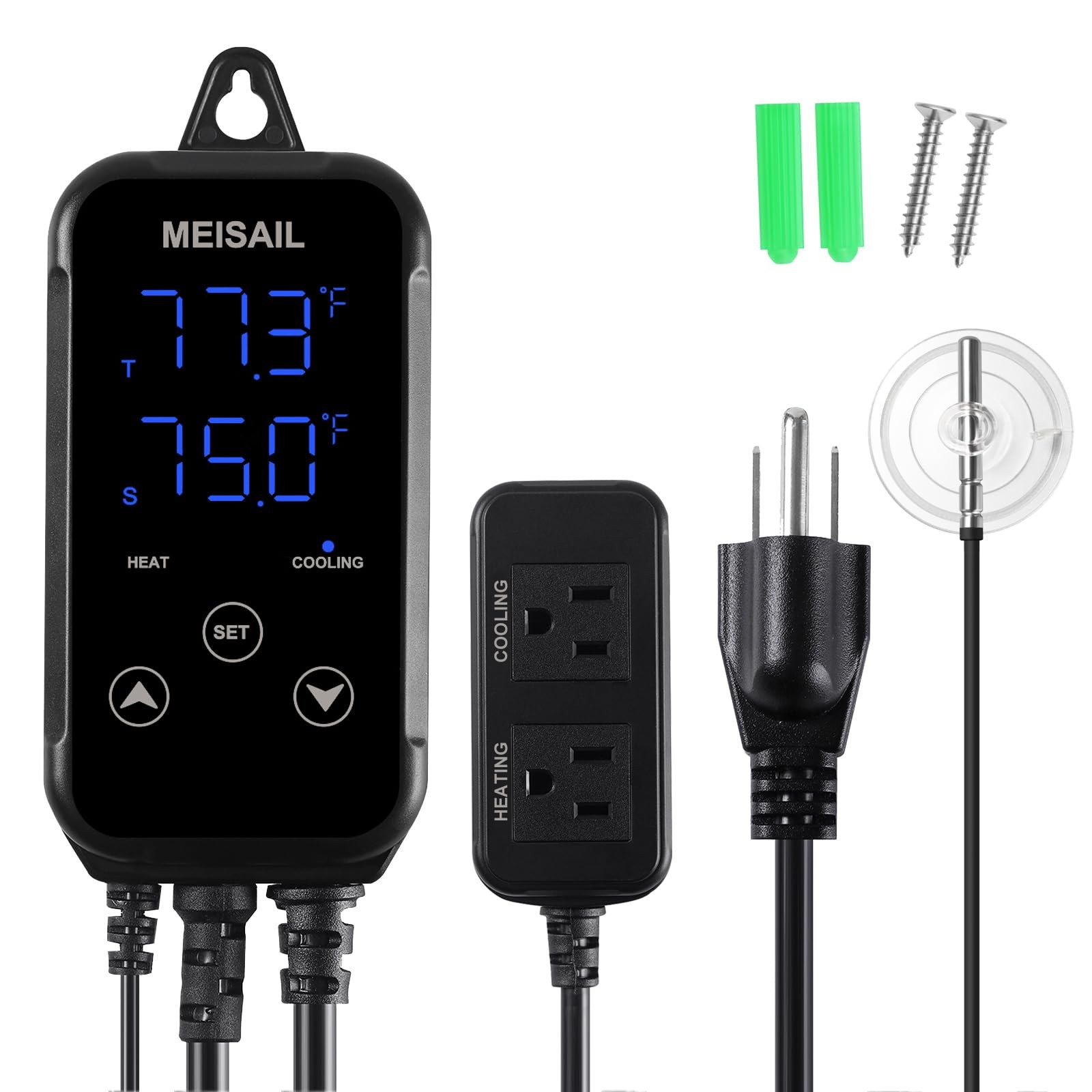 Digital Temperature Controller 2-Stage Outlet Thermostat Heating and Cooling ...