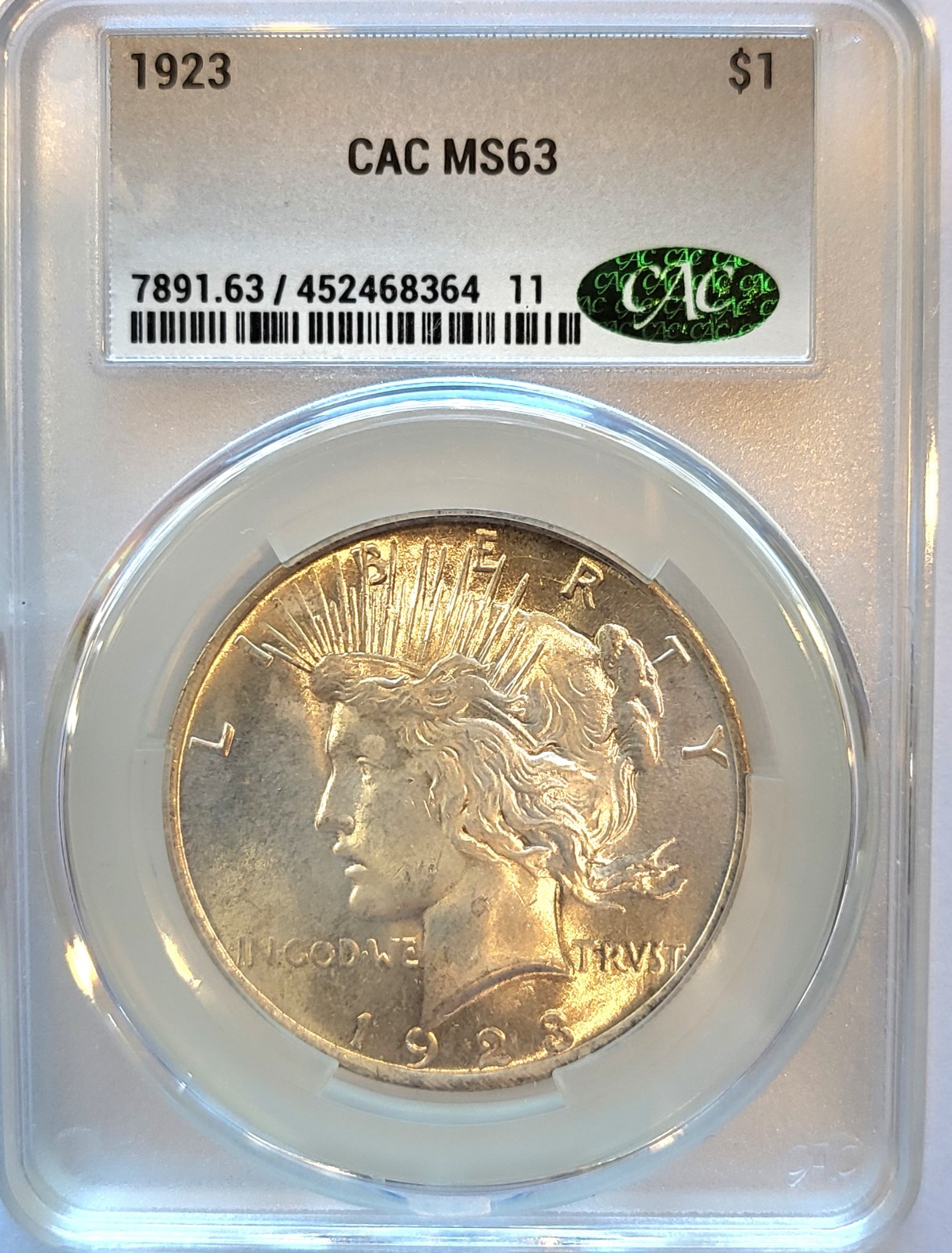 1923-P   CAC MS-63 Brilliant & Satiny Peace Silver Dollar.  #361. Free Delivery