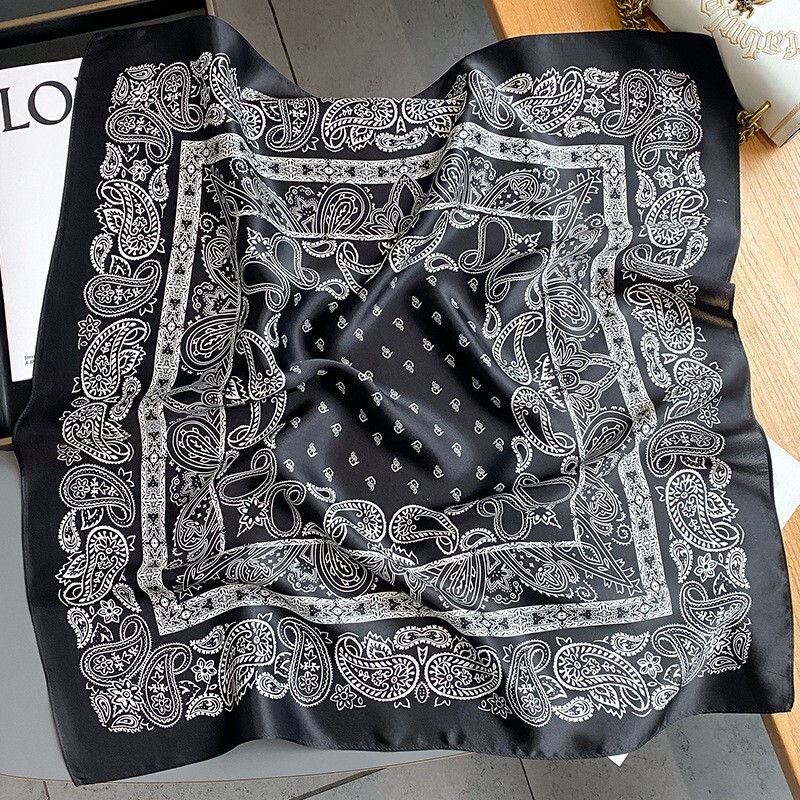 100% Silk 27" Square Scarf Women Neckerchief Bandana Vintage Blakc White Paisley