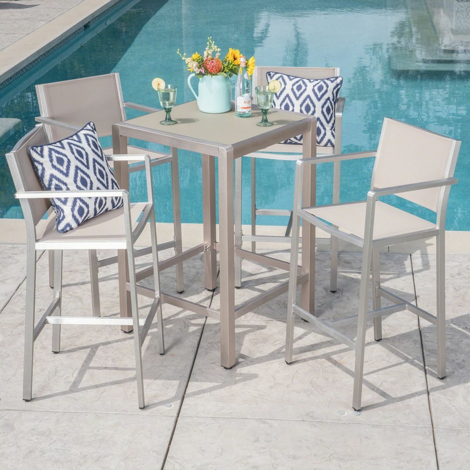 Tracy Outdoor 5 Piece Silver Rust-Proof Aluminum Bar Set with Grey Mesh Seats an