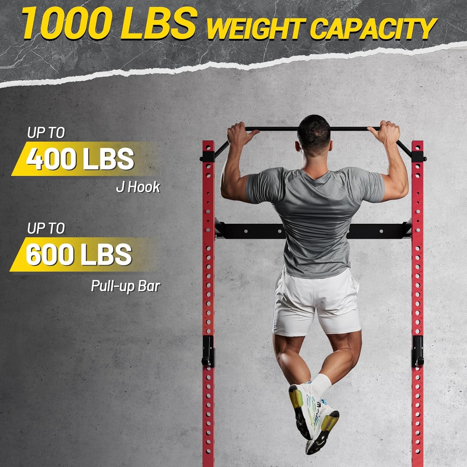 Folding Wall-Mounted Squat Rack 1000Lbs with Pull-Up Bar & J-Hooks