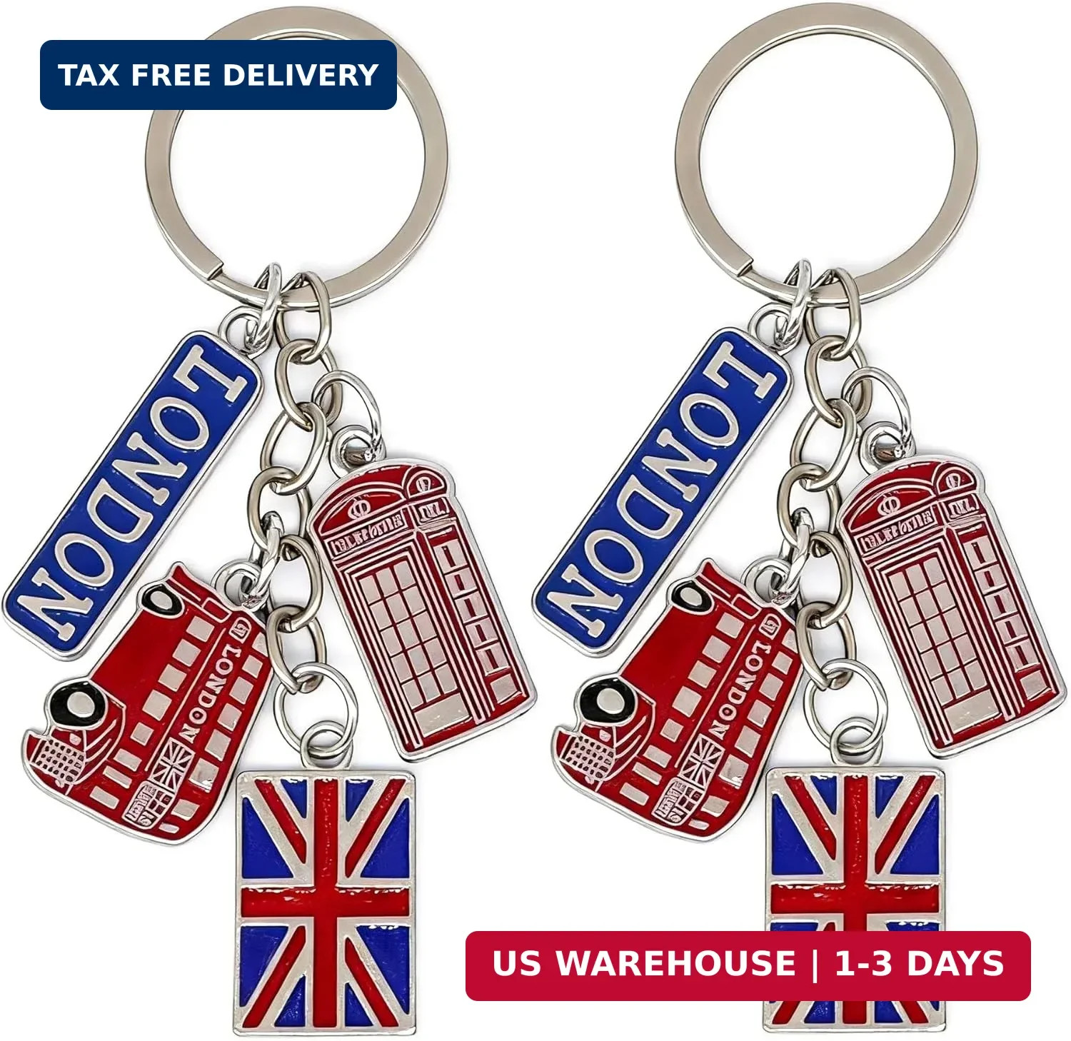 2PCS London Keychain Bag Charms Metal UK Union Jack Flag Telephone Booth Key Cha