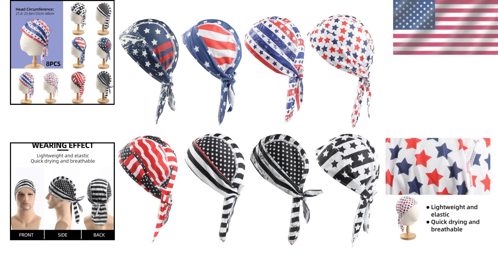 8 Pack Do Rag Skull Caps for Men Sweat Wicking Doo Rags Cooling Helmet Liner ...