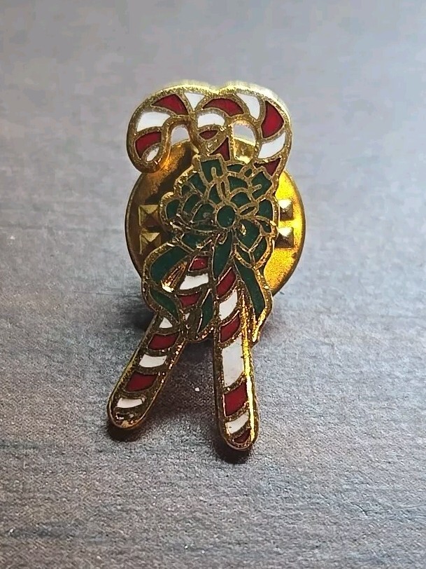 Christmas Candy Cane's  Red and White Wrapped In Green Wreath Pin