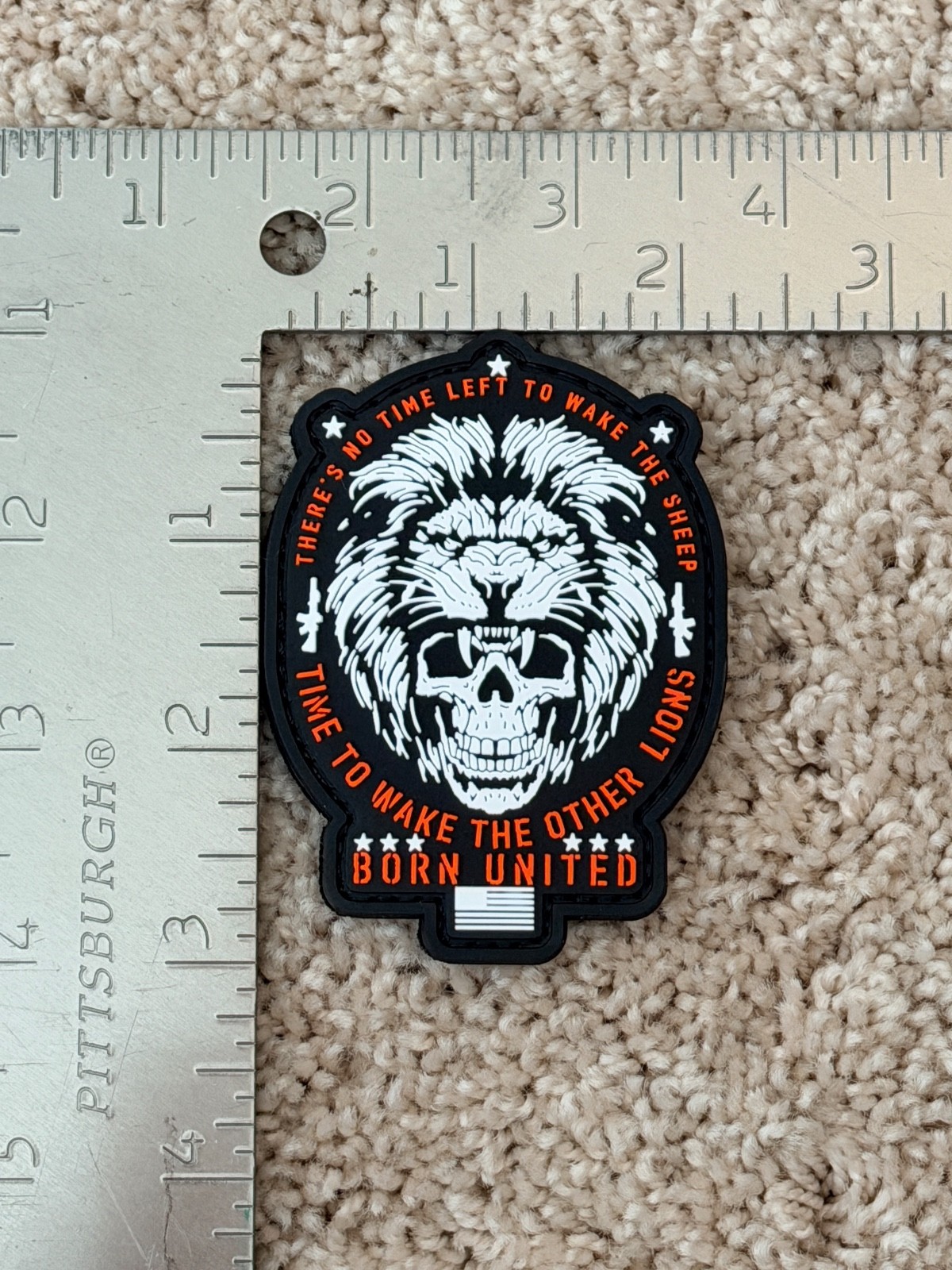 Skull with lion PVC morale patch, motivation quote, hook&loop, 2"x3" oval