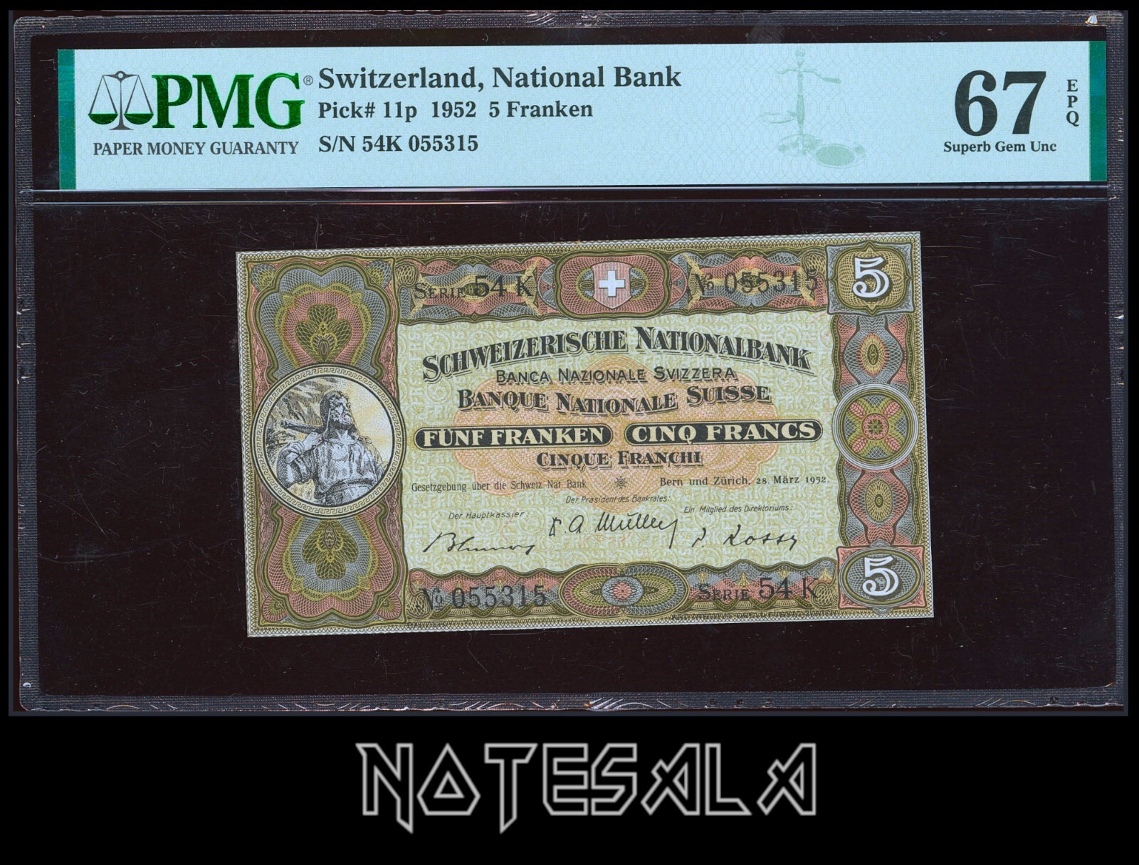 SWITZERLAND 5 FRANKEN 1952 Pick-11p PMG 67 SUPERB GEM UNC EPQ S/N 54K 055316