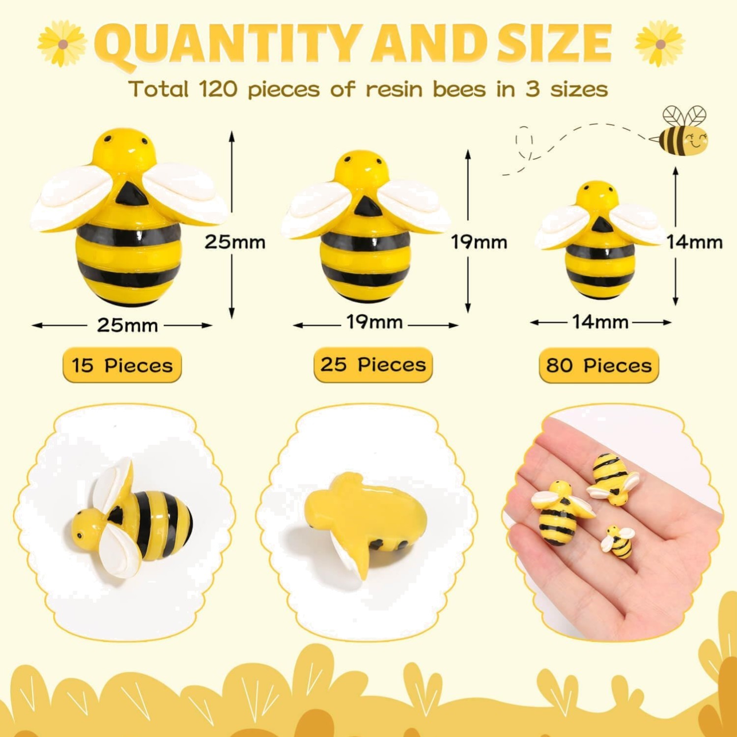 120PCS Bumble Bee Décor, Resin Honey Bees for Crafts, Small Plastic Bees Orna...