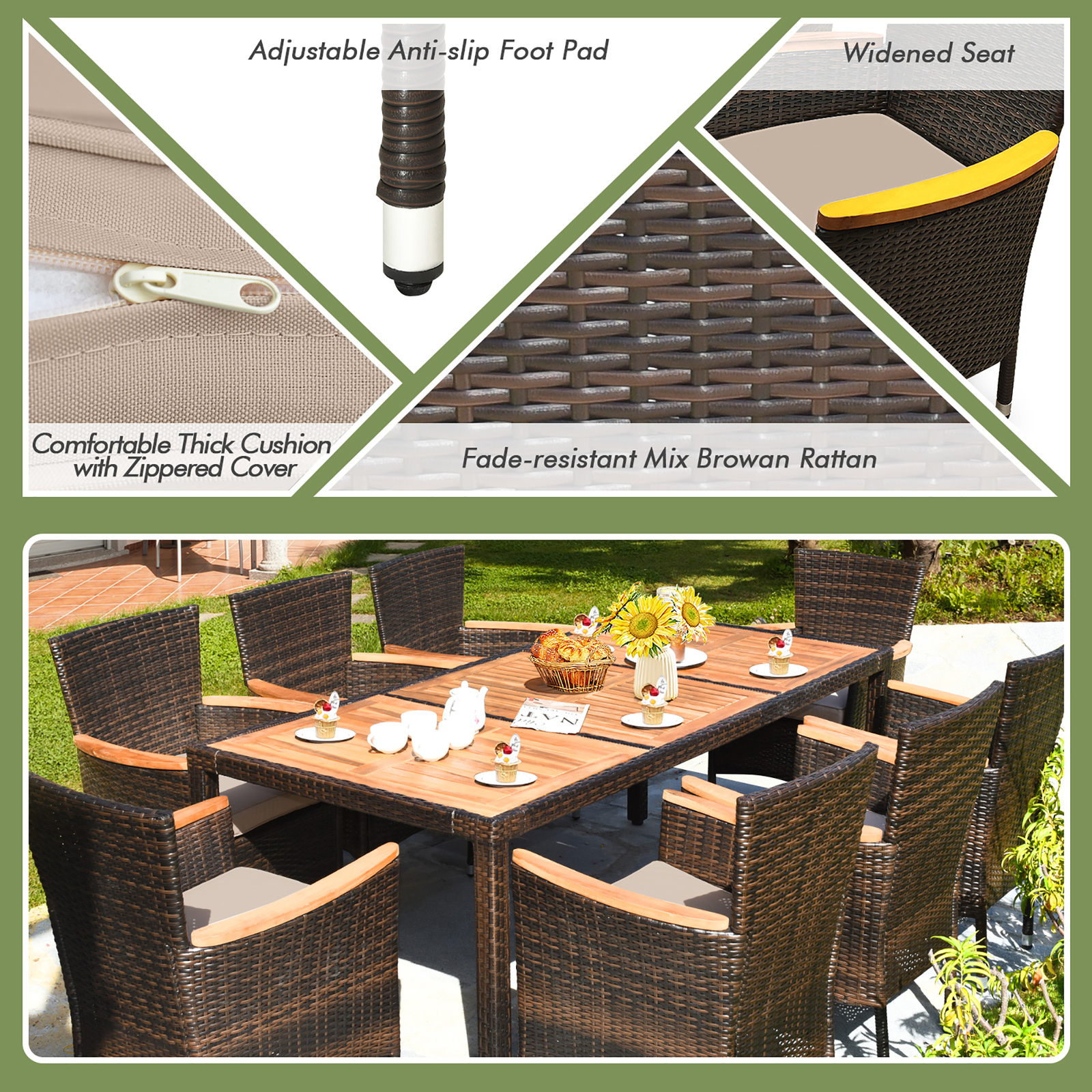 9PCS Rattan Patio Dining Set w/ 8 Stackable Cushioned Chairs Wooden Tabletop