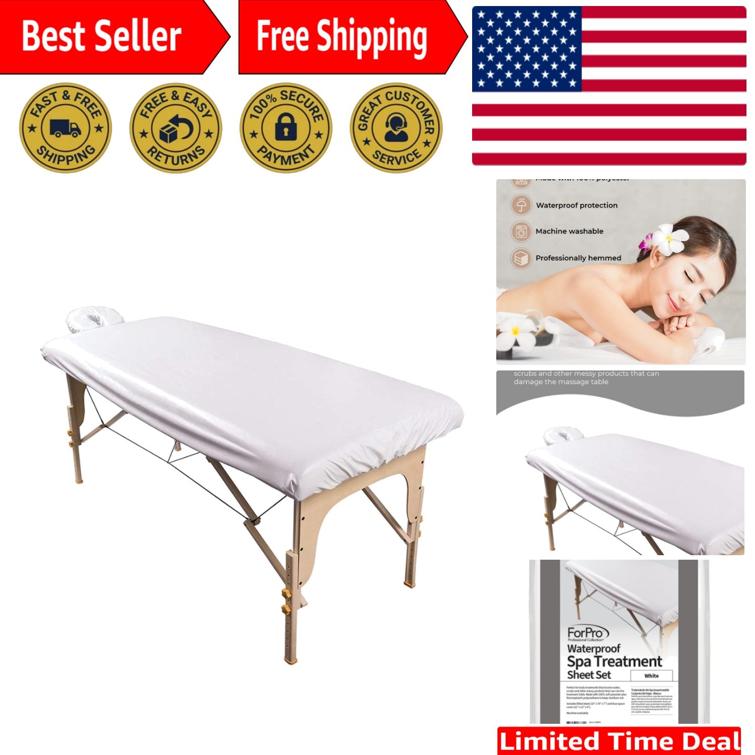 Spa-Grade Waterproof Massage Table Cover Set - Machine Washable, White, 1 Count
