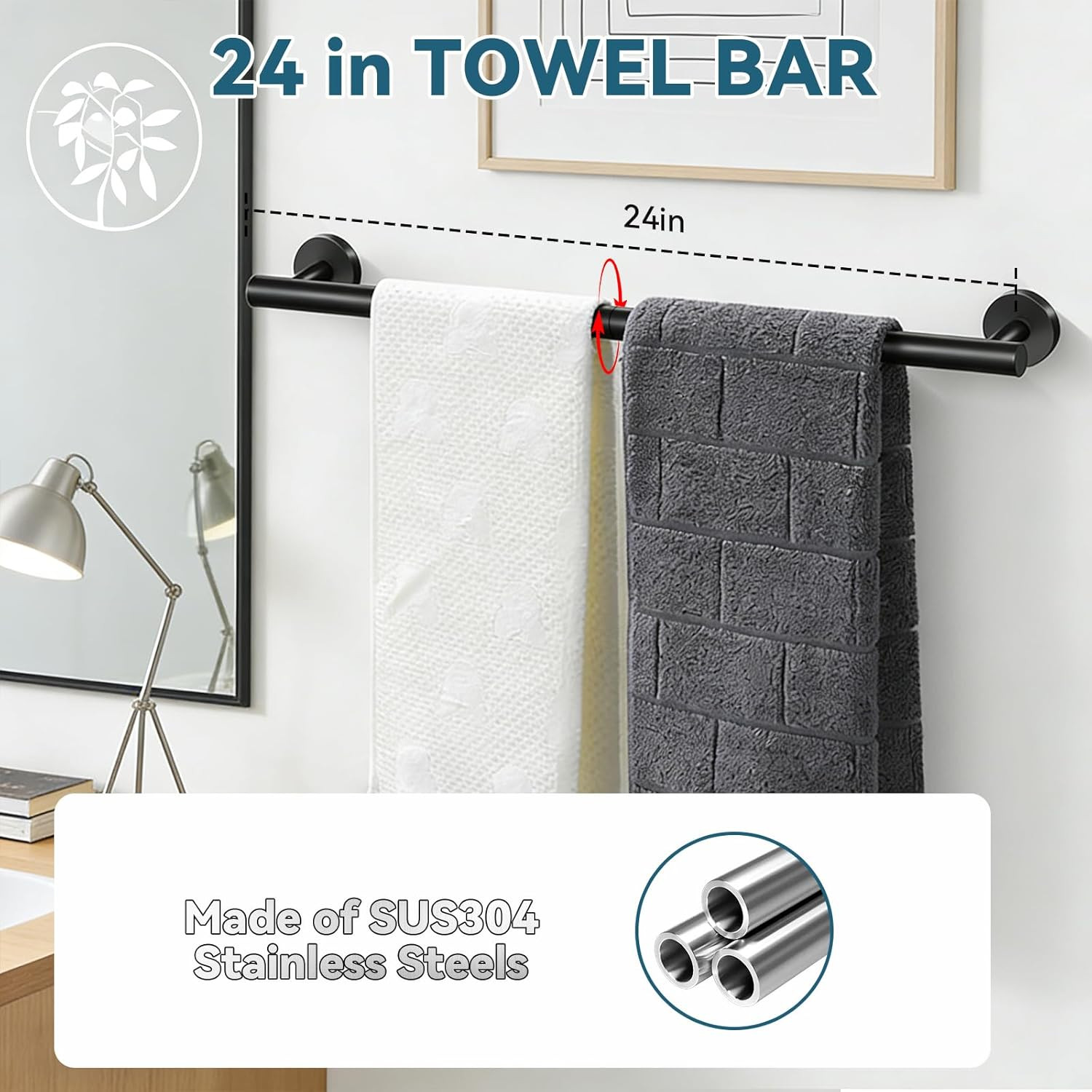 5-Piece Matte Black Bathroom Accessories Set, 24-Inch Wall-Mounted Towel Bar, To