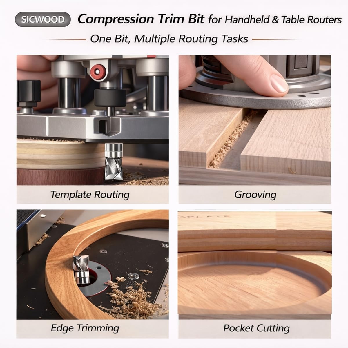 Solid Carbide Compression Flush Trim Router Bit 1/4 Shank, 2+2 Flute, 1/2" Di...
