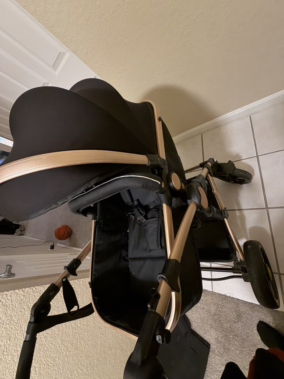 Black & Gold Single Baby Pushchair Stroller, Hood/Canopy, Single Seat