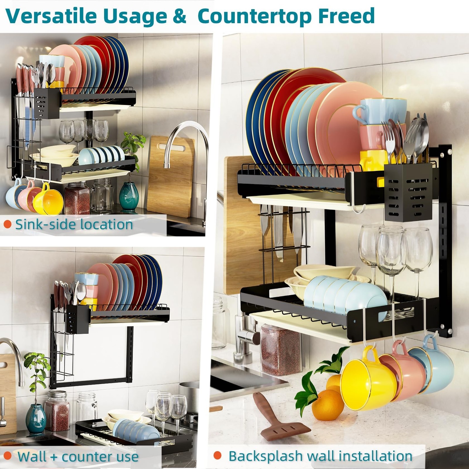 Hanging Wall Mounted Dish Drying Rack, Cutting Board Rack*1, Hook*4, Drain Tr...
