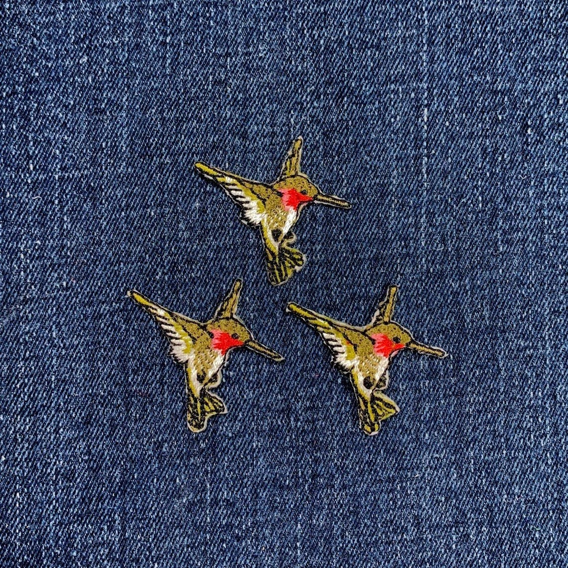 3-Pack Hummingbird Applique Patch - Mini Embroidered Bird Badge 1.25" (Iron On)