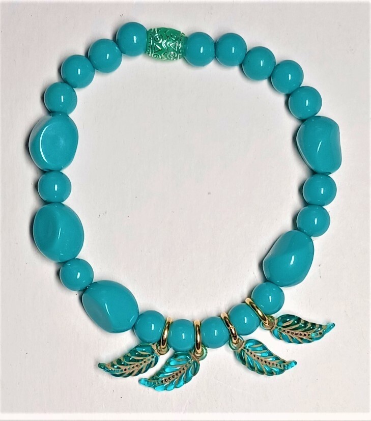 Fashionable Chic Teal Beaded Bracelet - Leaf Charm