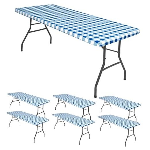 6 Pack Buffalo Rectangle Picnic Table Cloth, Elastic Fitted Vinyl Tablecloths,