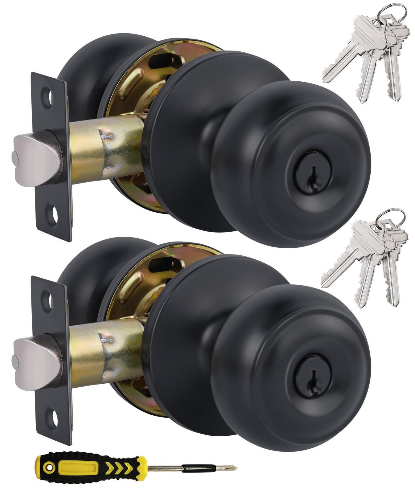 (2 Pack) Entry Door Knobs with Lock and Keyed Alike, Interior/Exterior Flat B...